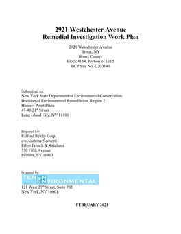 2921 Westchester Avenue Remedial Investigation Work Plan