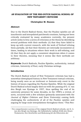 An Evaluation of the Neo-Dutch Radical School of New Testament Criticism