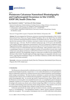 Pleistocene Calcareous Nannofossil Biostratigraphy and Gephyrocapsid Occurrence in Site U1431D, IODP 349, South China Sea