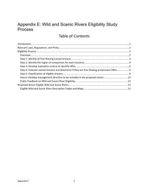 Appendix E: Wild and Scenic Rivers Eligibility Study Process Table of Contents
