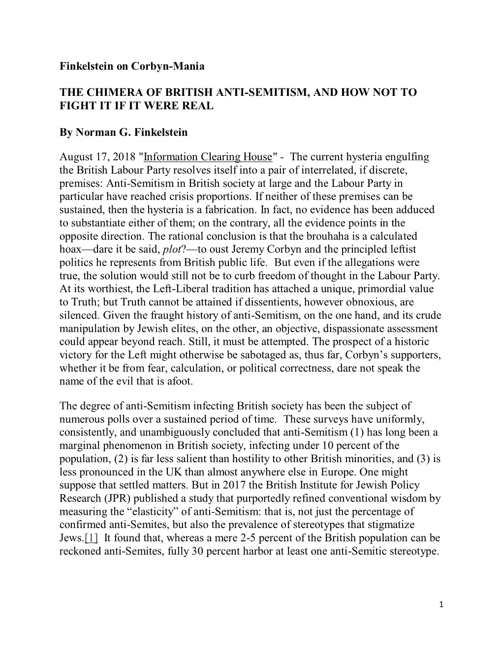 Finkelstein on Corbyn-Mania the CHIMERA of BRITISH ANTI-SEMITISM, and HOW NOT to FIGHT IT IF IT WERE REAL by Norman G. Finkelste