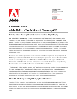 Adobe Delivers Two Editions of Photoshop CS3
