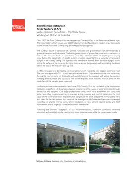Smithsonian Institution Freer Gallery of Art Water Infiltration Remediation – Third Party Review Washington, District of Columbia