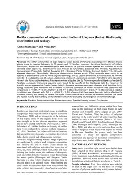 Rotifer Communities of Religious Water Bodies of Haryana (India): Biodiversity, Distribution and Ecology