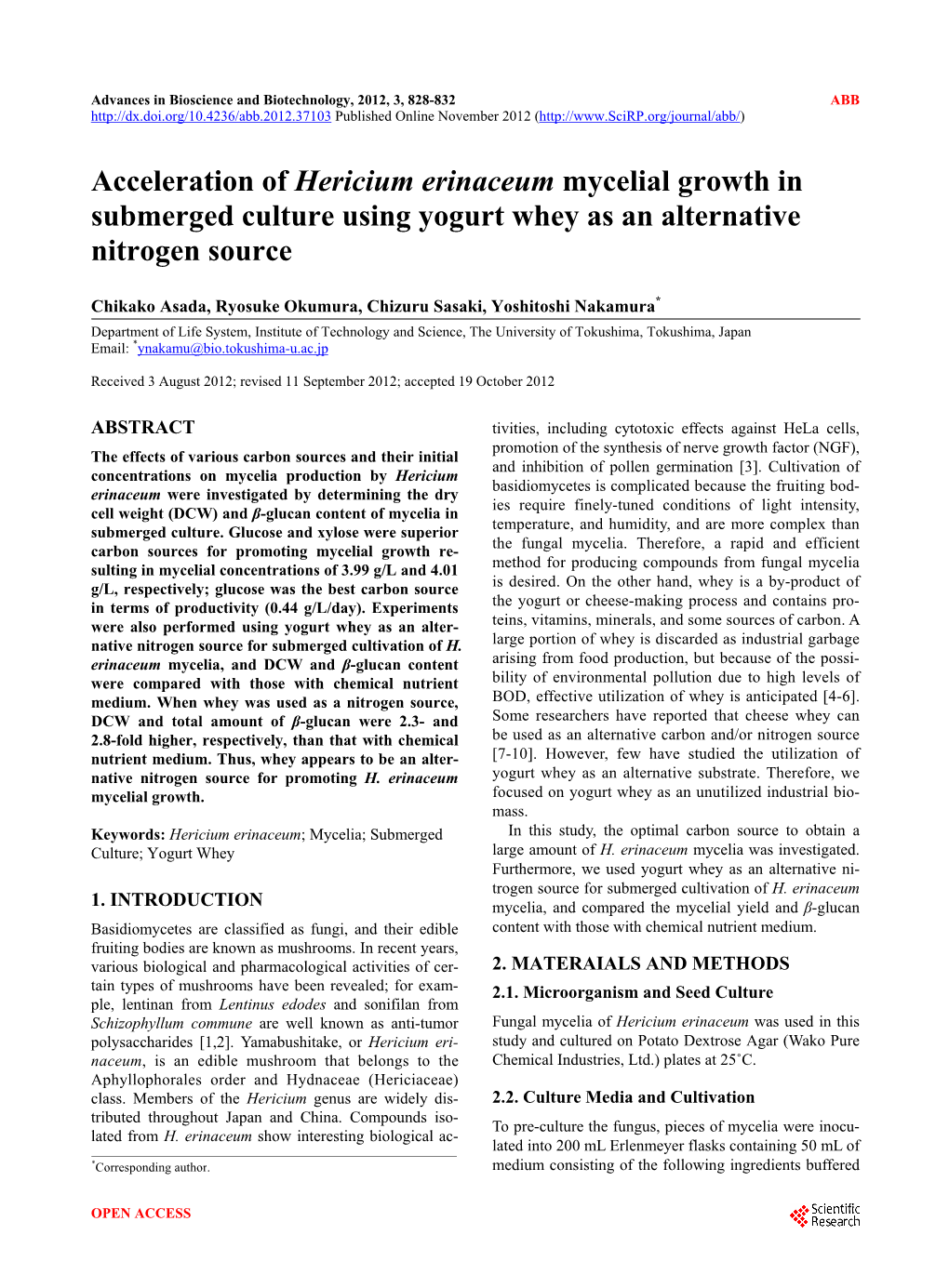 Acceleration of Hericium Erinaceum Mycelial Growth in Submerged Culture Using Yogurt Whey As an Alternative Nitrogen Source