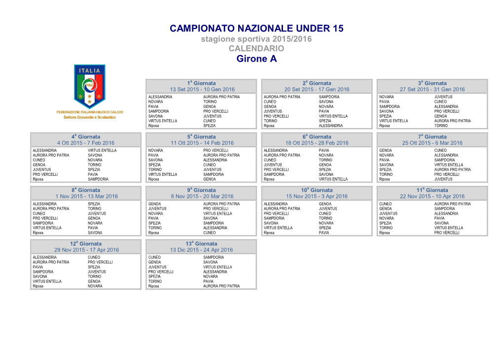 Calendario Giovanissimi Nazionali