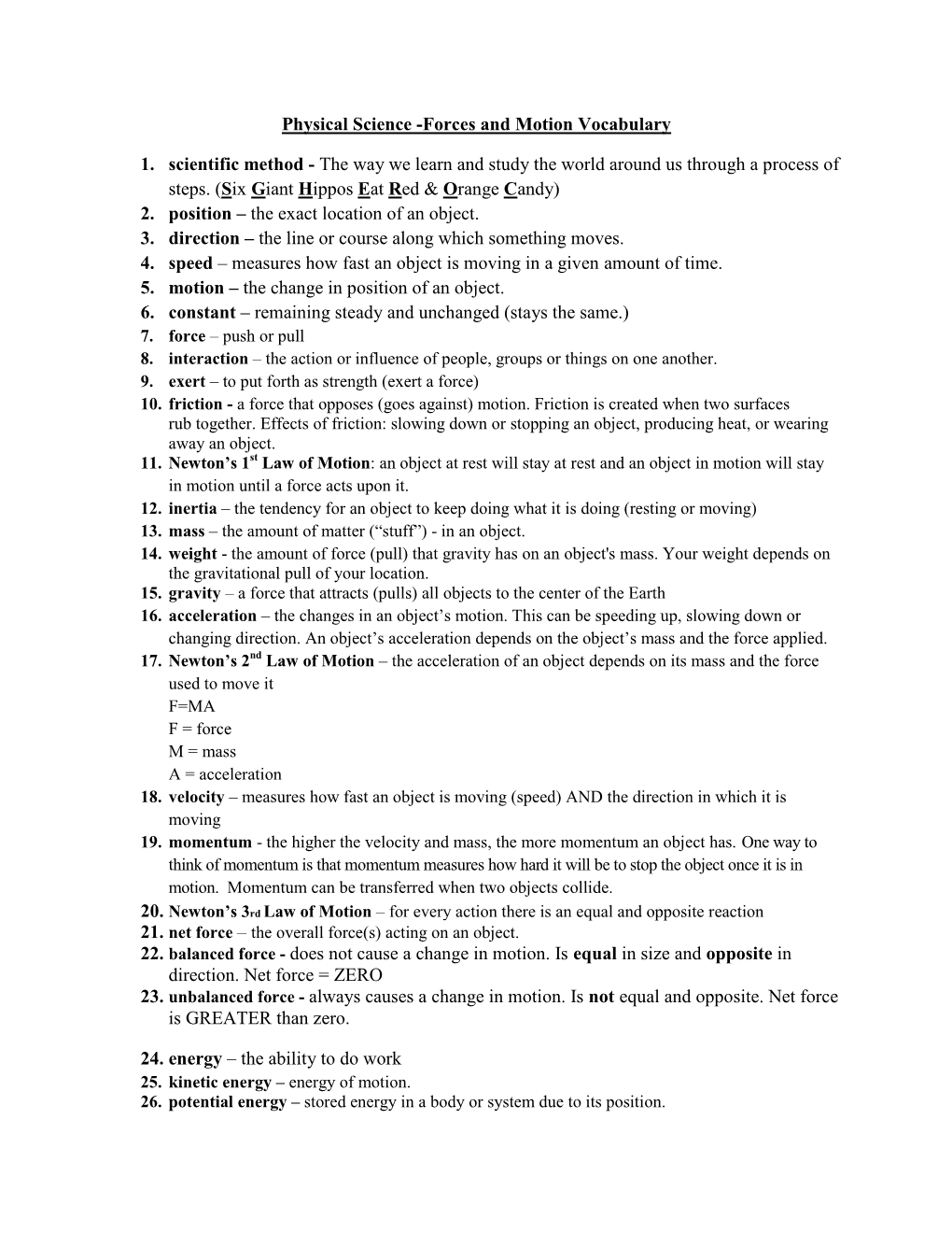 Physical Science Forces and Motion Vocabulary