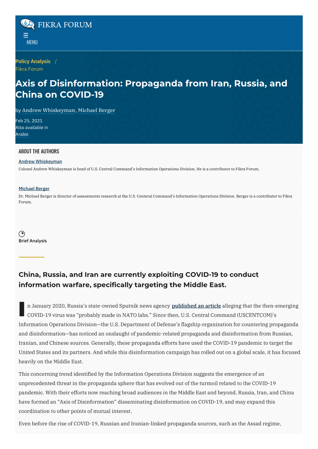 Axis of Disinformation: Propaganda from Iran, Russia, and China on COVID-19 by Andrew Whiskeyman, Michael Berger