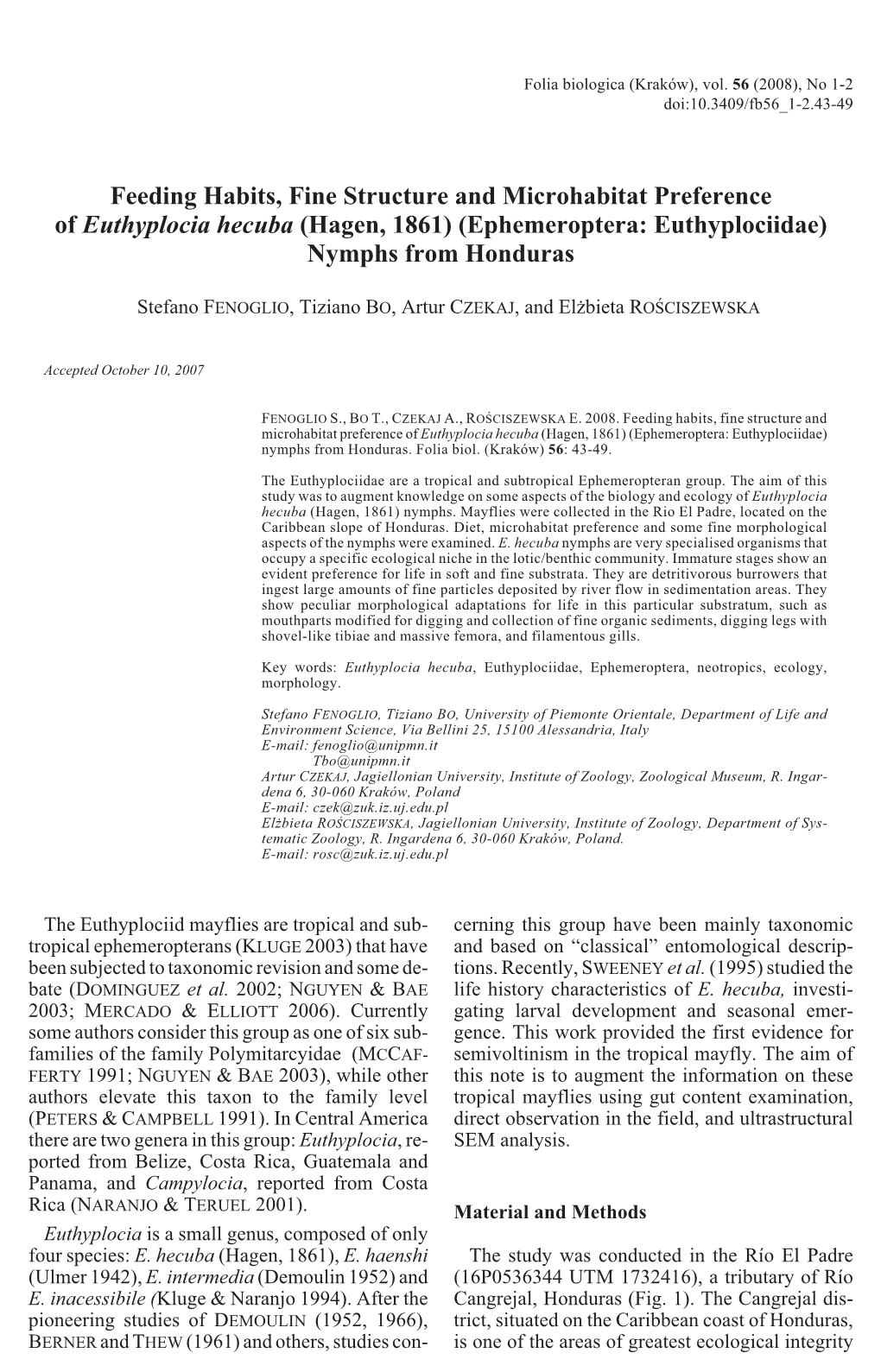 Feeding Habits, Fine Structure and Microhabitat Preference of Euthyplocia Hecuba (Hagen, 1861) (Ephemeroptera: Euthyplociidae) Nymphs from Honduras