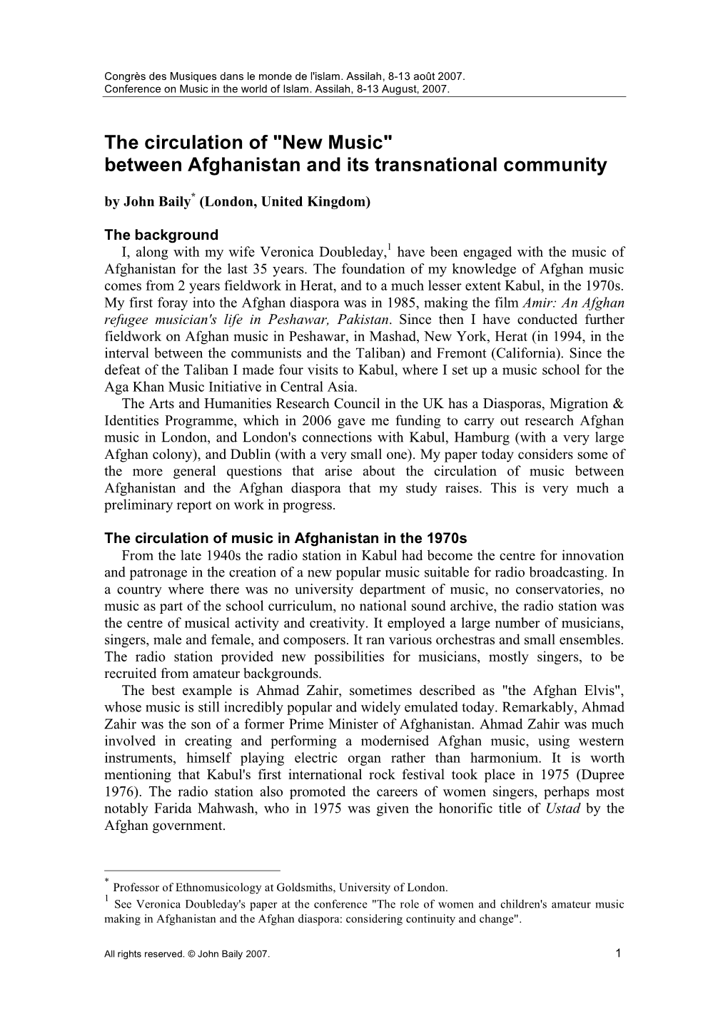 "New Music" Between Afghanistan and Its Transnational Community by John Baily* (London, United Kingdom)