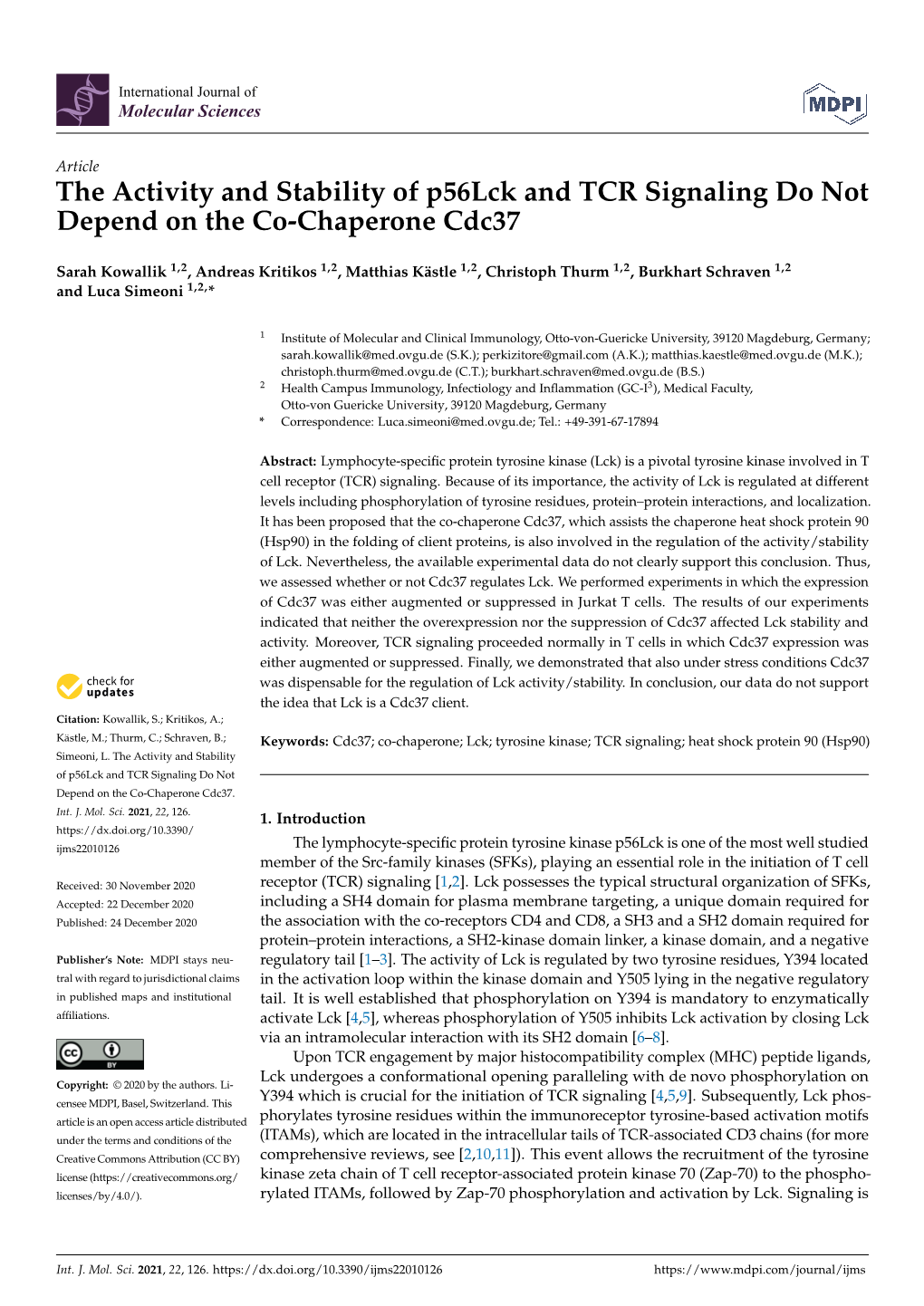 The Activity and Stability of P56lck and TCR Signaling Do Not Depend on the Co-Chaperone Cdc37