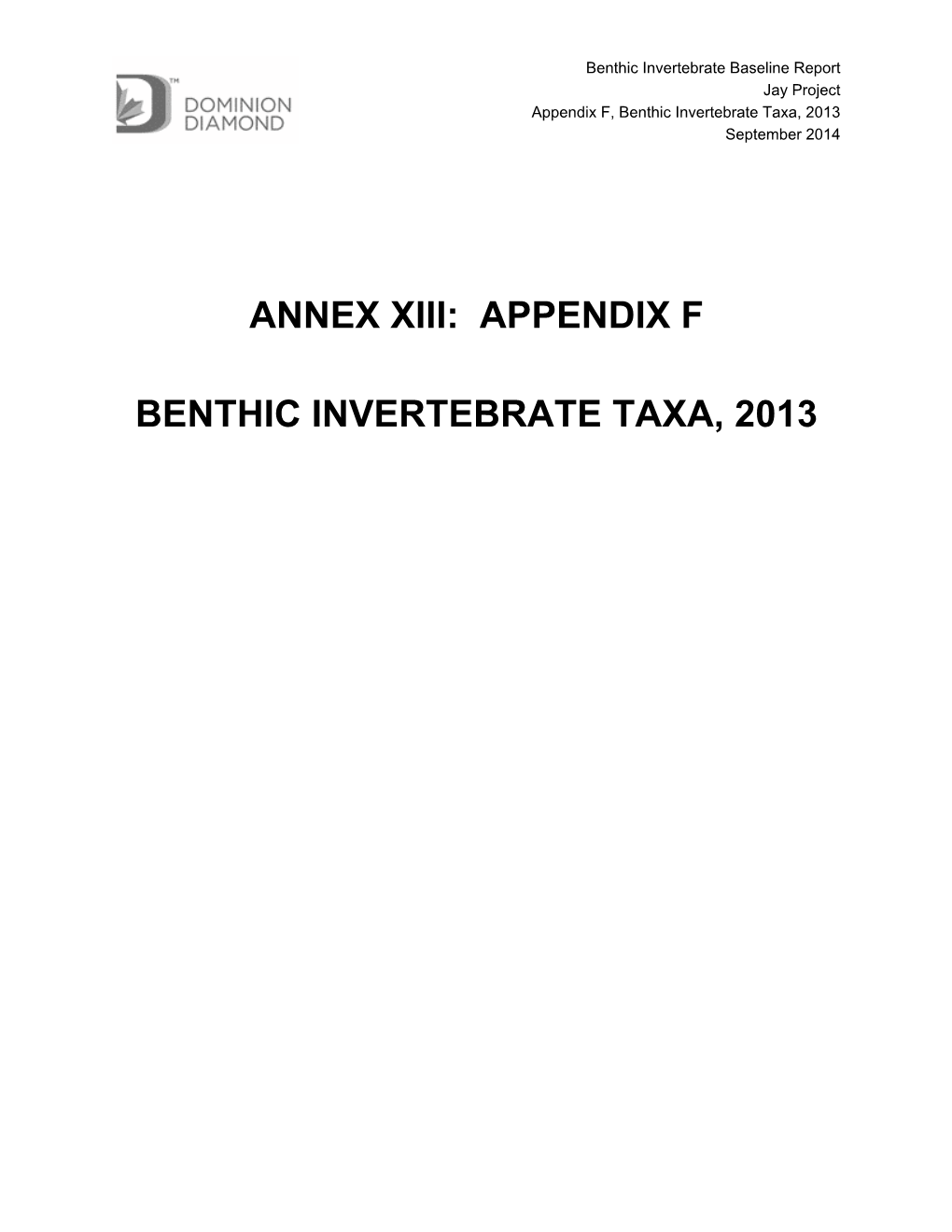 Annex Xiii: Appendix F Benthic Invertebrate Taxa, 2013