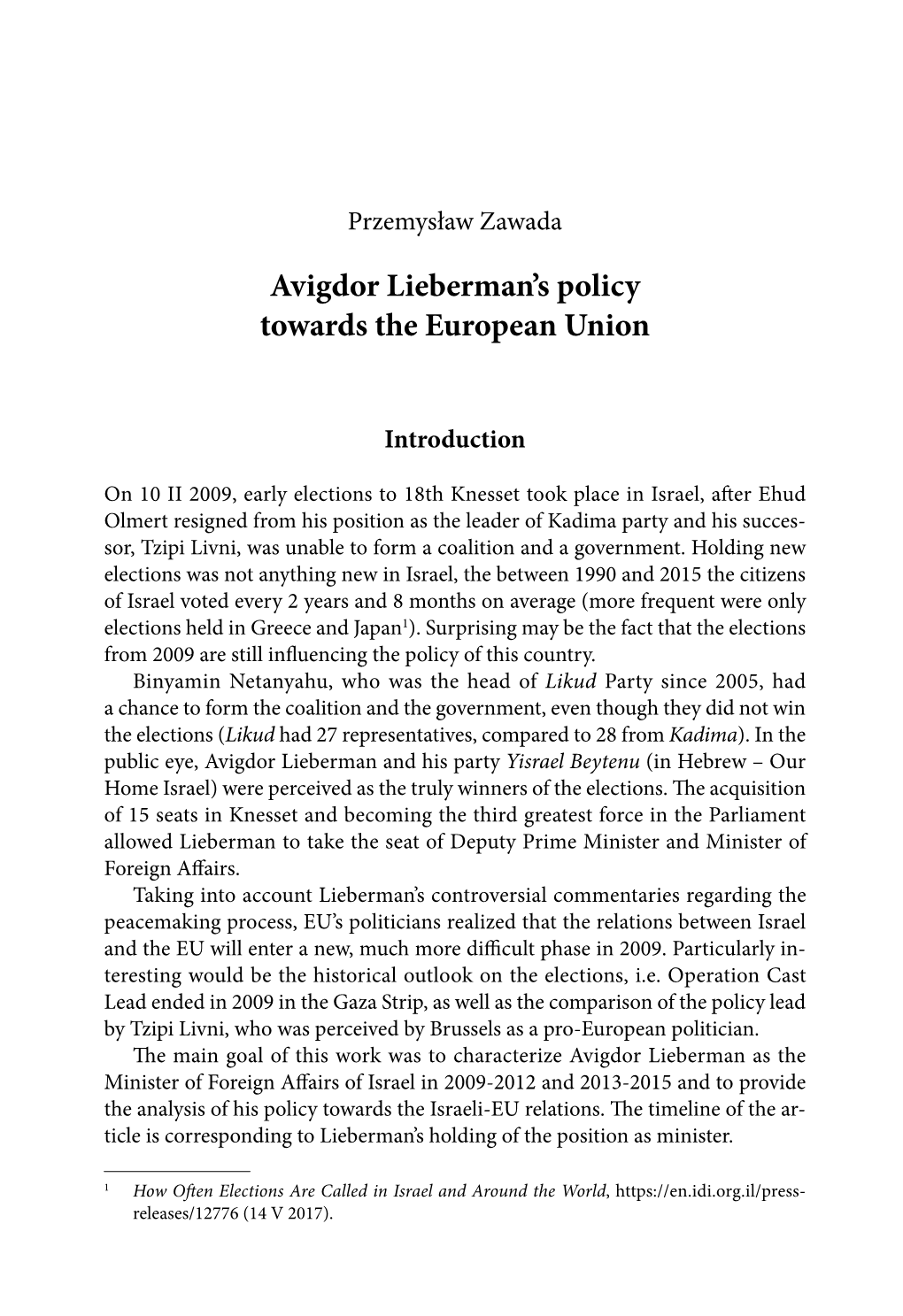 Avigdor Lieberman's Policy Towards the European Union