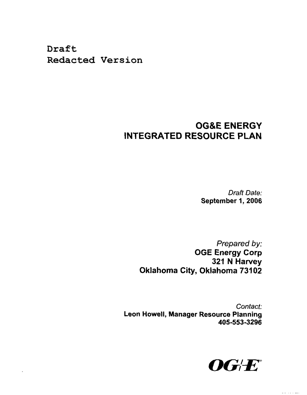 Draft Redacted Version OG&E ENERGY INTEGRATED RESOURCE PLAN