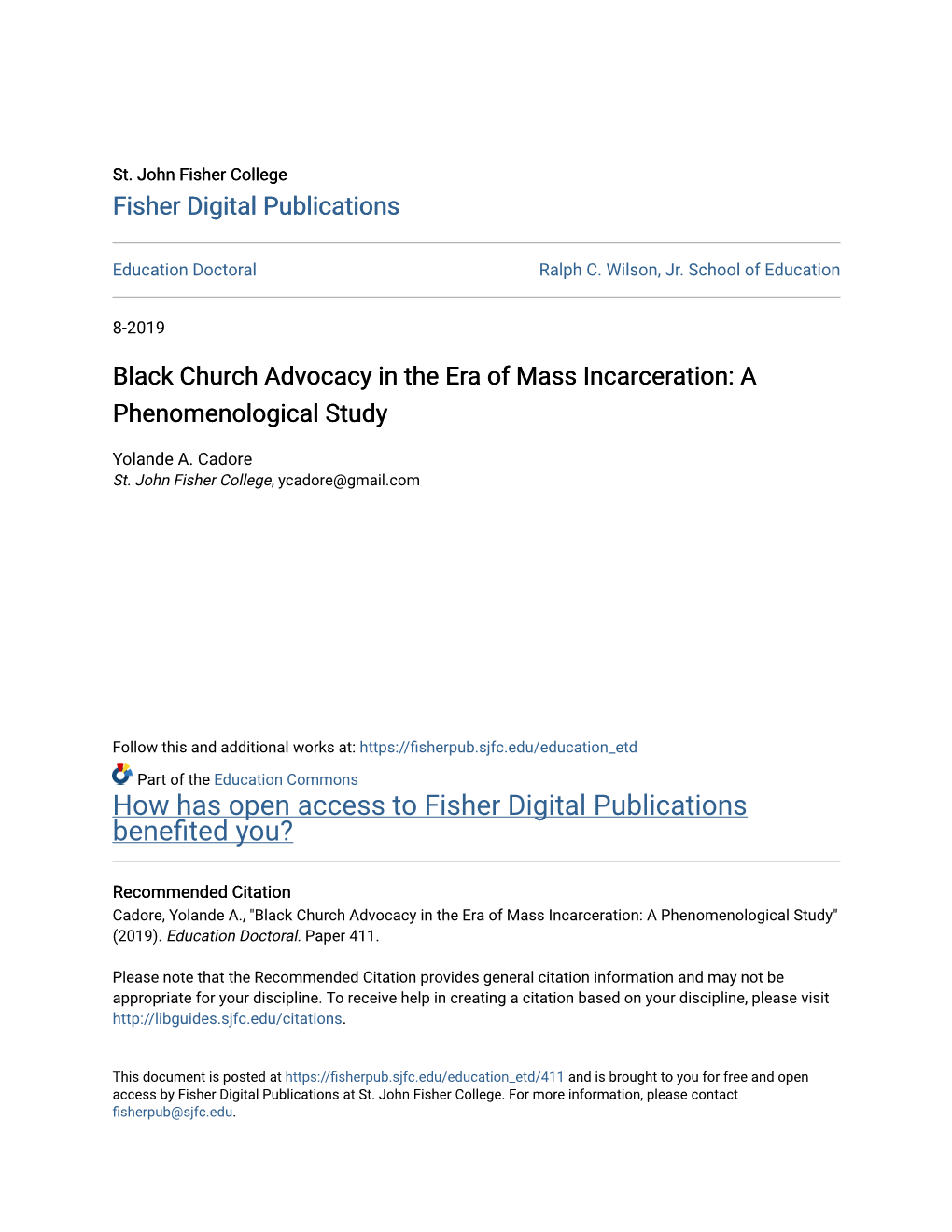 Black Church Advocacy in the Era of Mass Incarceration: a Phenomenological Study