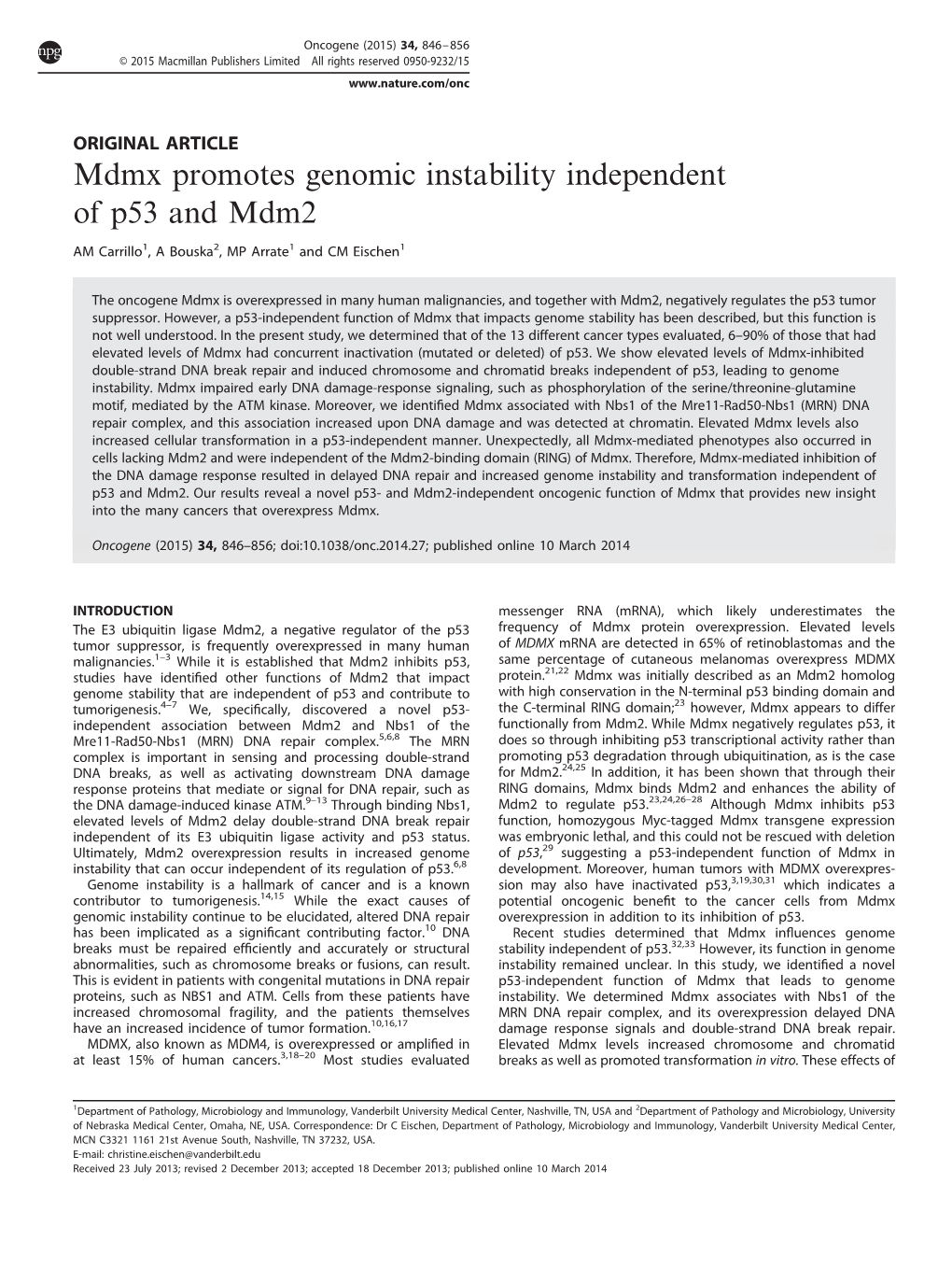 Mdmx Promotes Genomic Instability Independent of P53 and Mdm2