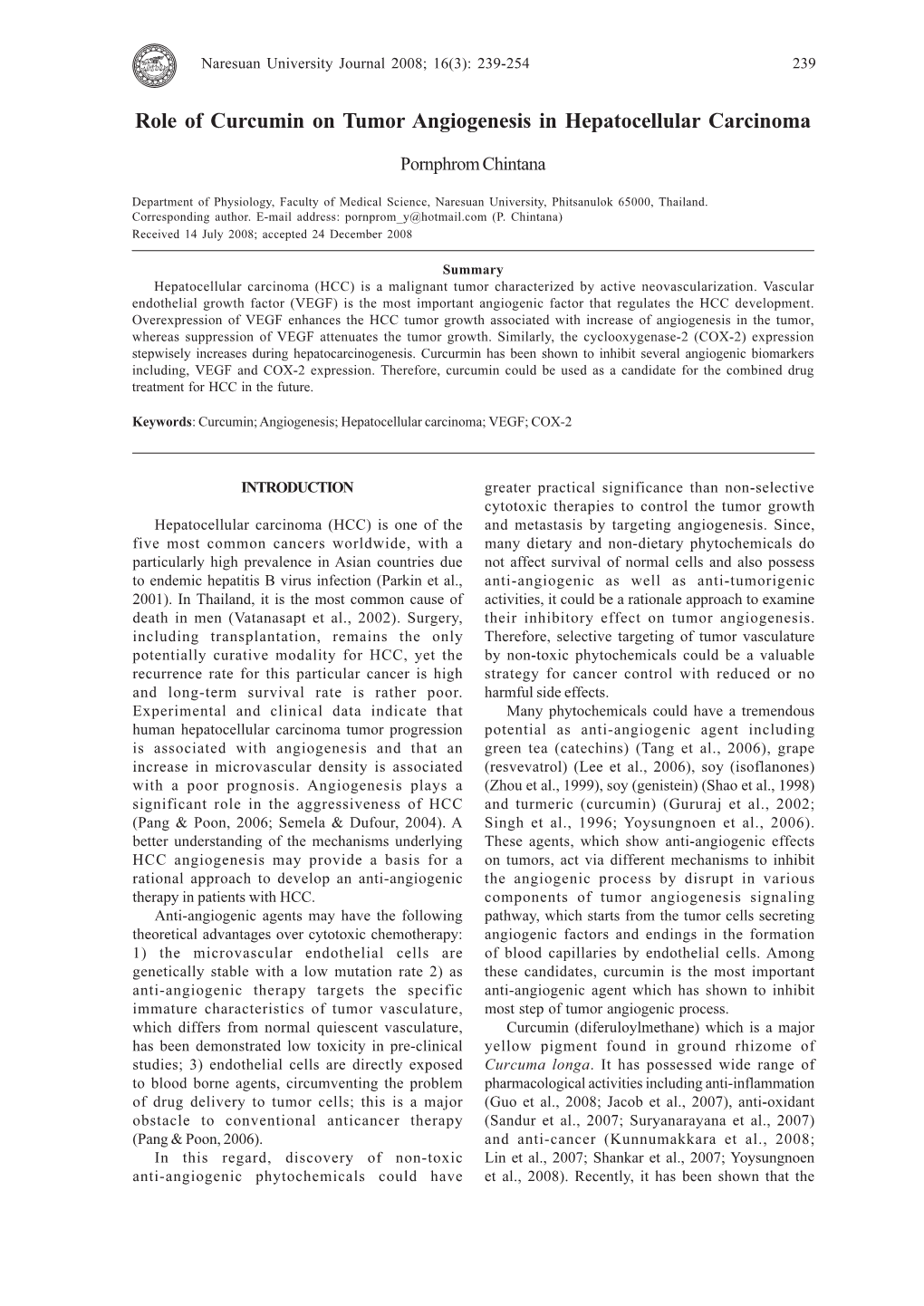 Role of Curcumin on Tumor Angiogenesis in Hepatocellular Carcinoma