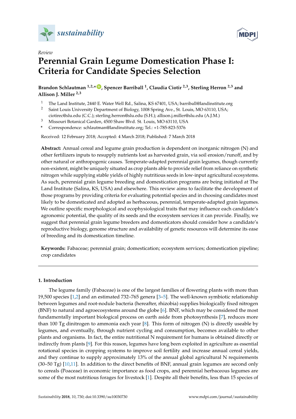 Perennial Grain Legume Domestication Phase I: Criteria for Candidate Species Selection