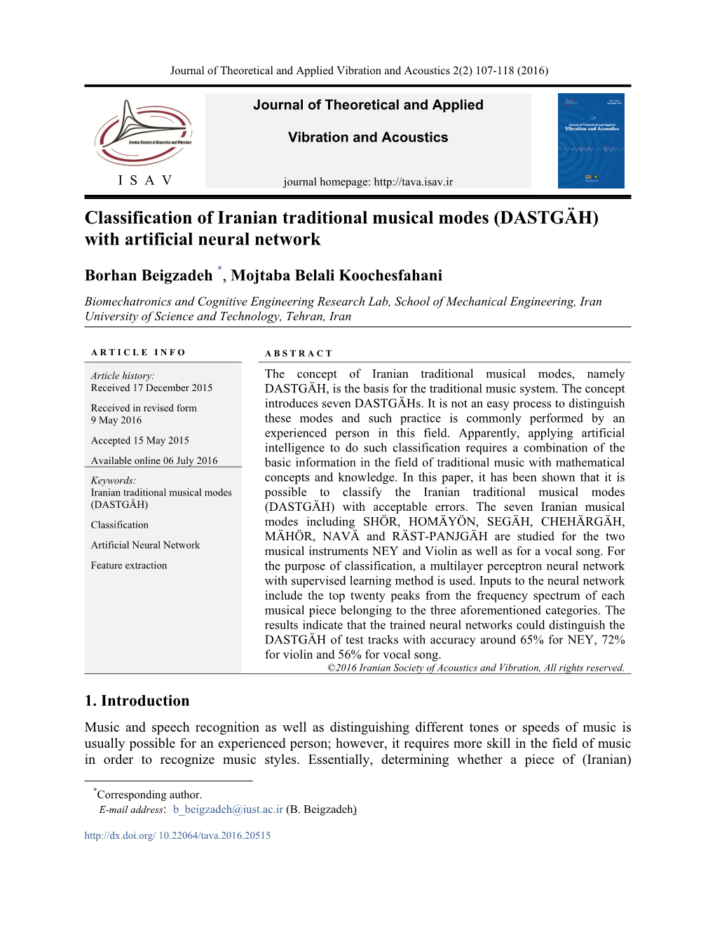 Classification of Iranian Traditional Musical Modes (DASTGÄH) with Artificial Neural Network