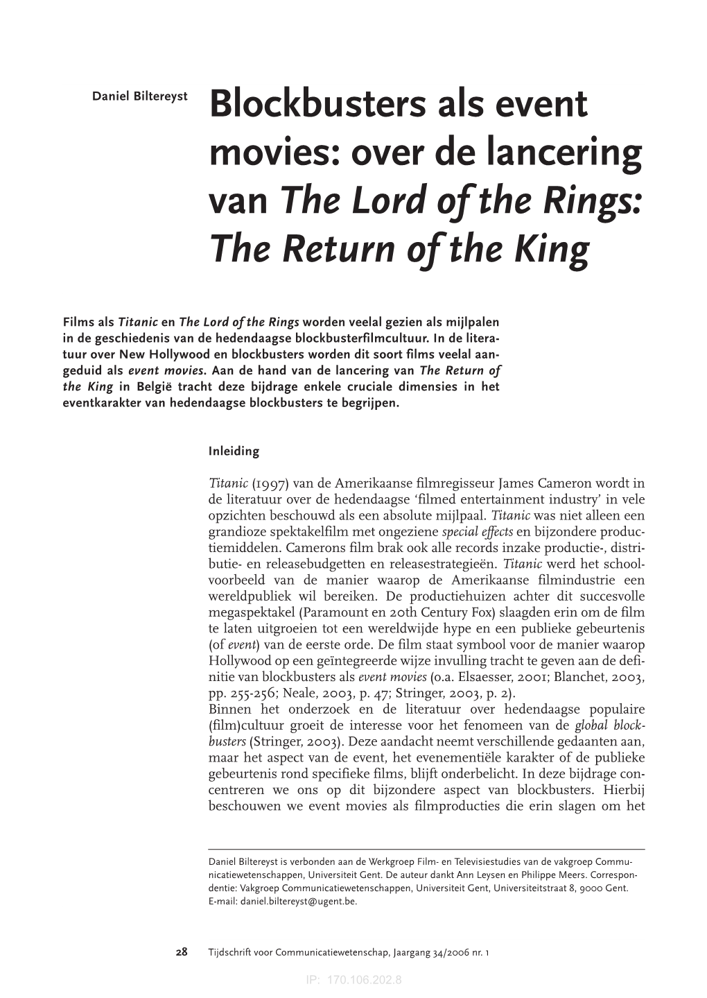 Blockbusters Als Event Movies: Over De Lancering Van the Lord of the Rings: the Return of the King
