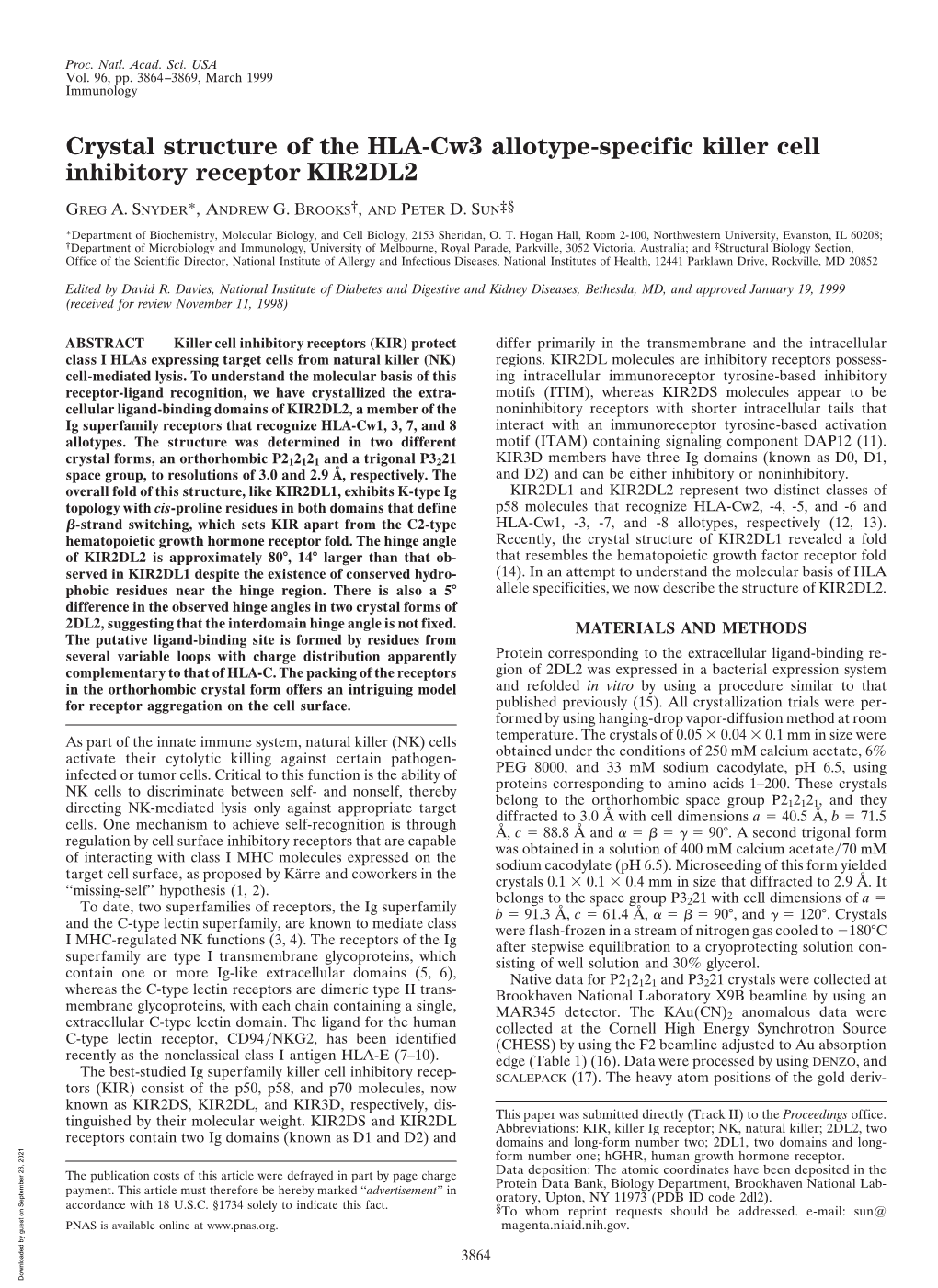 Crystal Structure of the HLA-Cw3 Allotype-Specific Killer Cell Inhibitory Receptor KIR2DL2