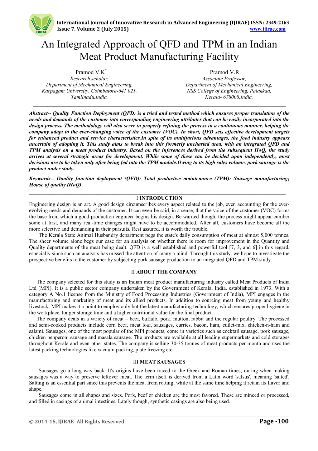 An Integrated Approach of QFD and TPM in an Indian Meat Product Manufacturing Facility