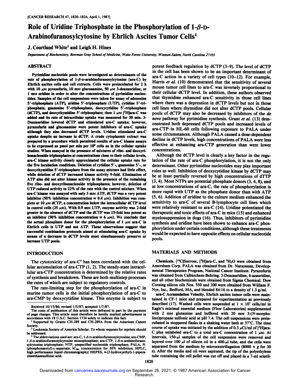 Role of Uridine Triphosphate in the Phosphorylation of 1-ÃŸ-D- Arabinofuranosylcytosine by Ehrlich Ascites Tumor Cells1