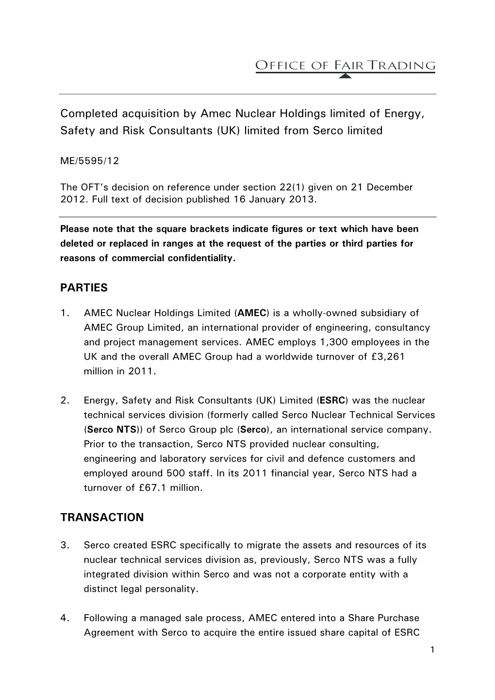 Completed Acquisition by Amec Nuclear Holdings Limited of Energy, Safety and Risk Consultants (UK) Limited from Serco Limited