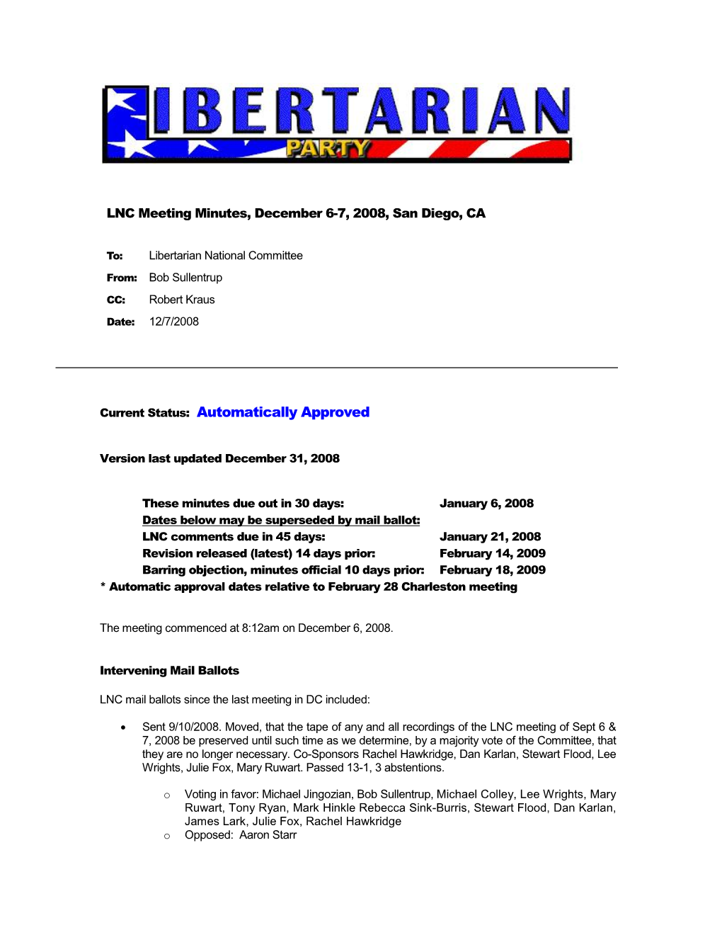 December 6-7, 2008, LNC Meeting Minutes