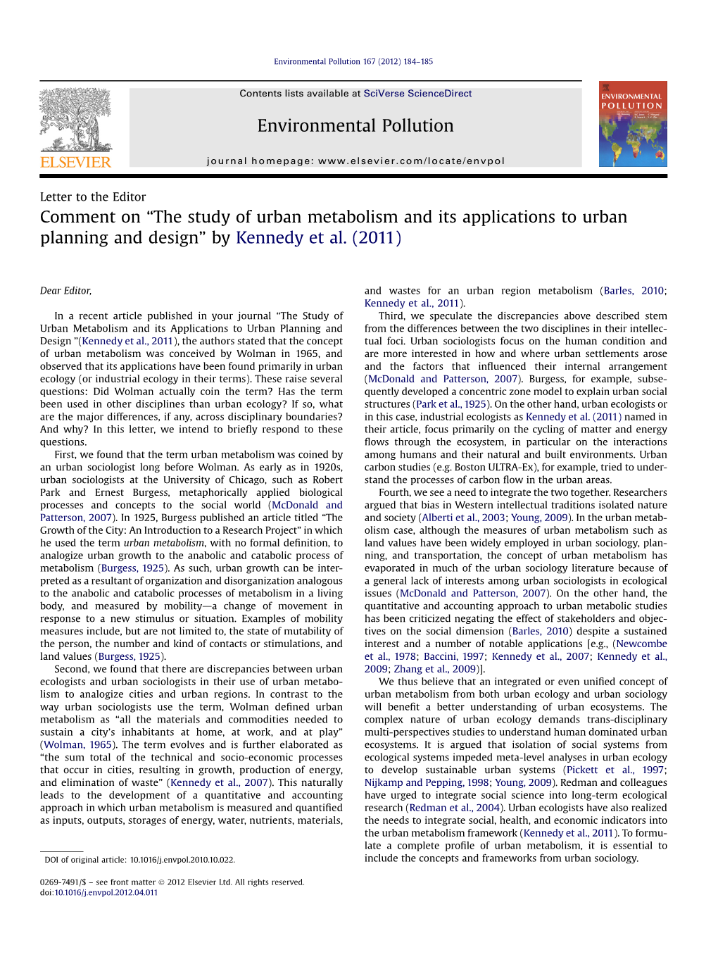 The Study of Urban Metabolism and Its Applications to Urban Planning and Design” by Kennedy Et Al