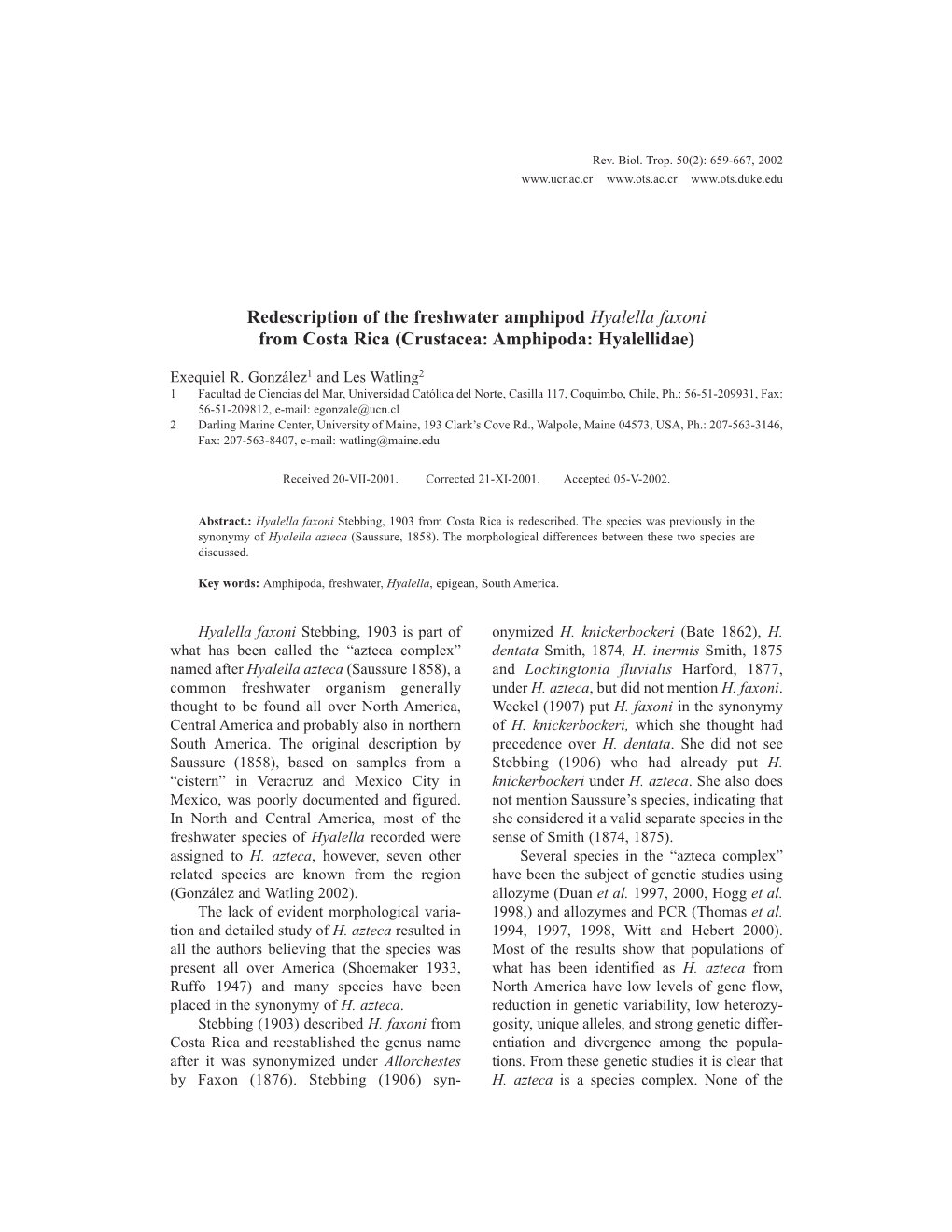 Redescription of the Freshwater Amphipod Hyalella Faxoni from Costa Rica (Crustacea: Amphipoda: Hyalellidae)