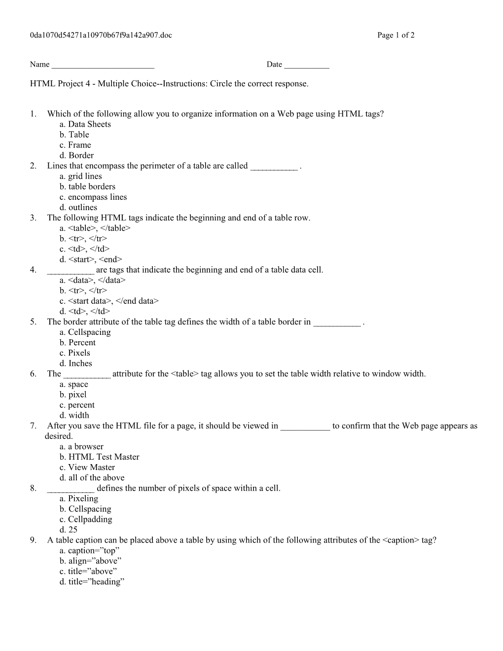 HTML Project 4 - Multiple Choice