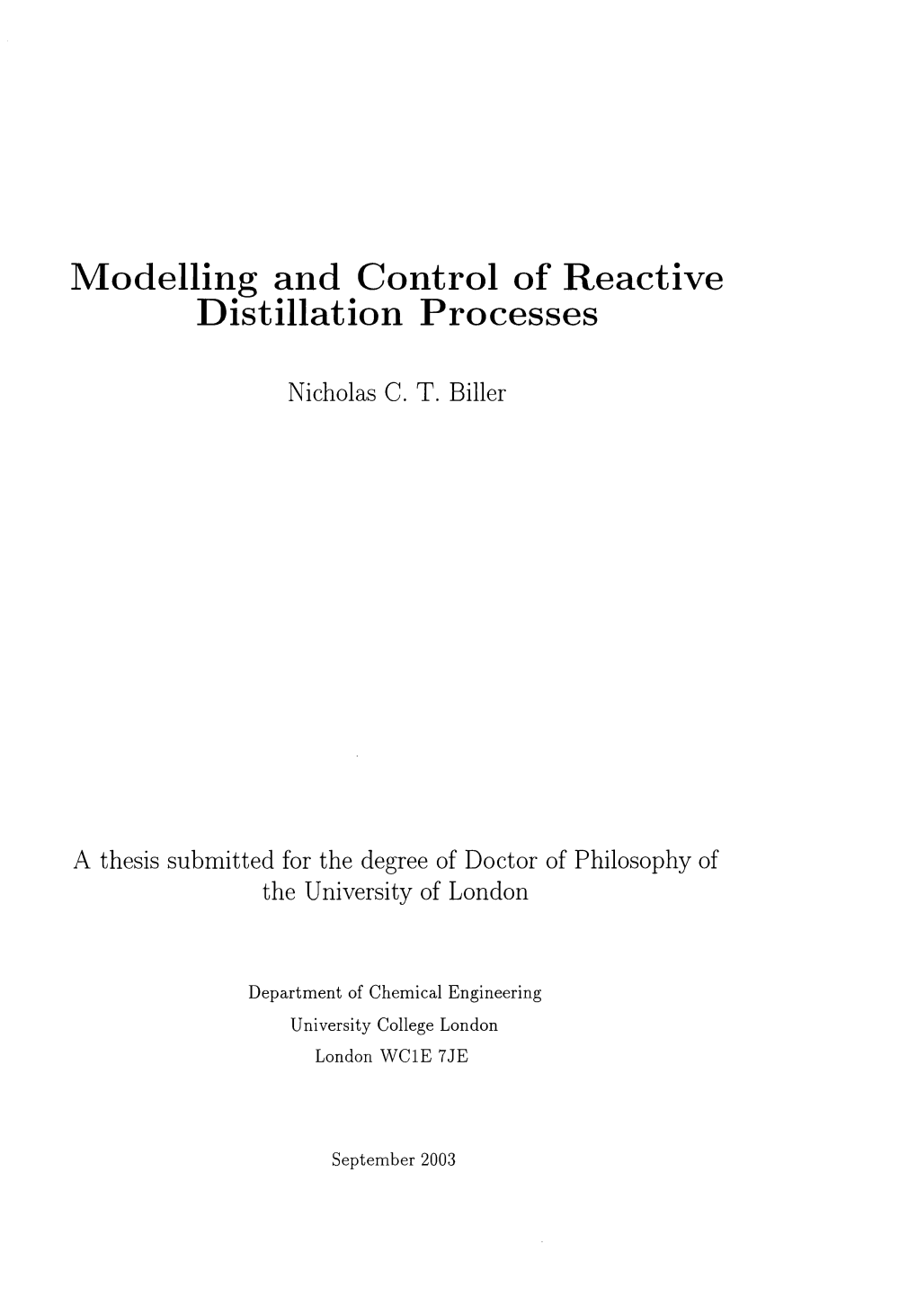 Modelling and Control of Reactive Distillation Processes