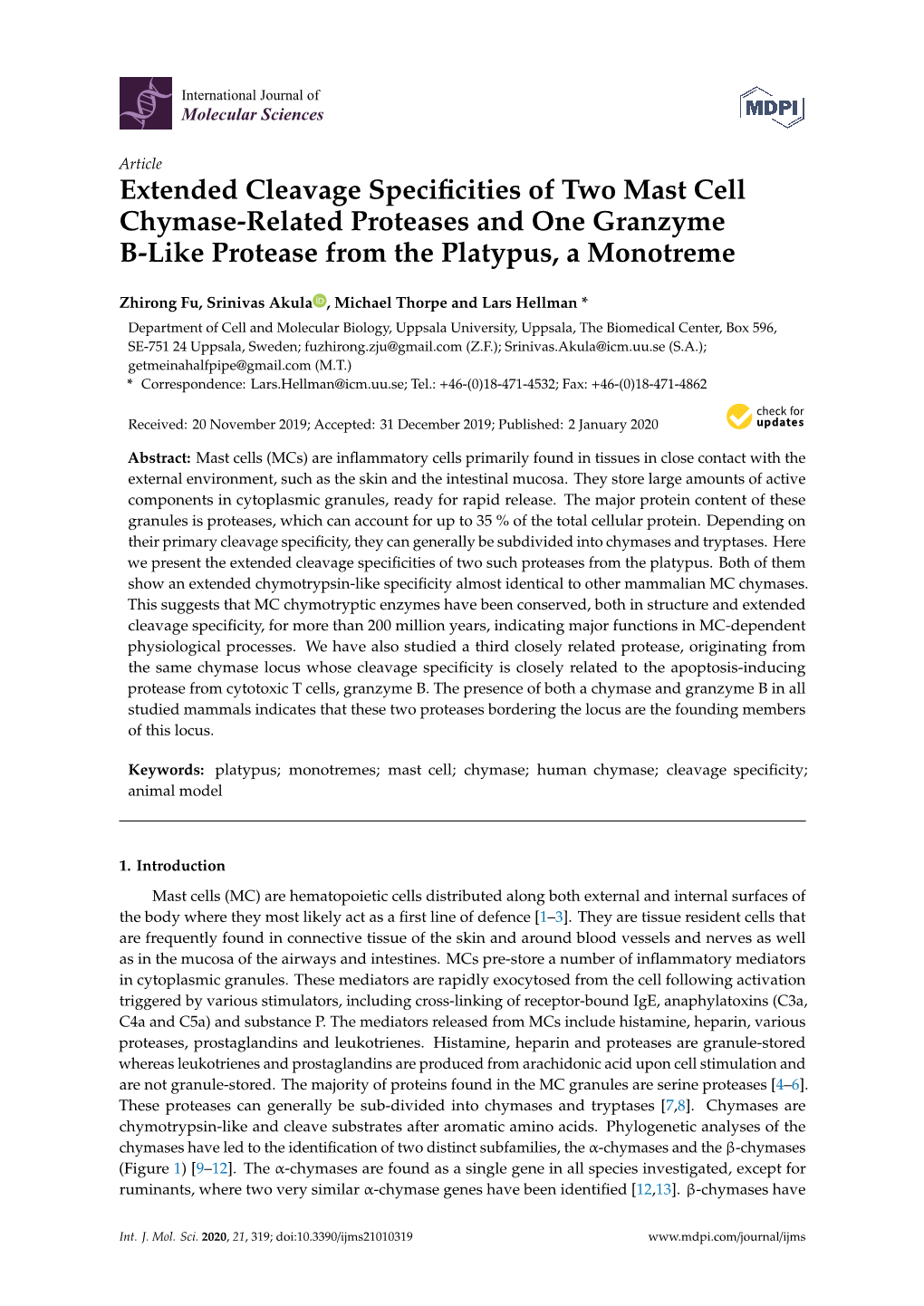 Extended Cleavage Specificities of Two Mast Cell Chymase-Related