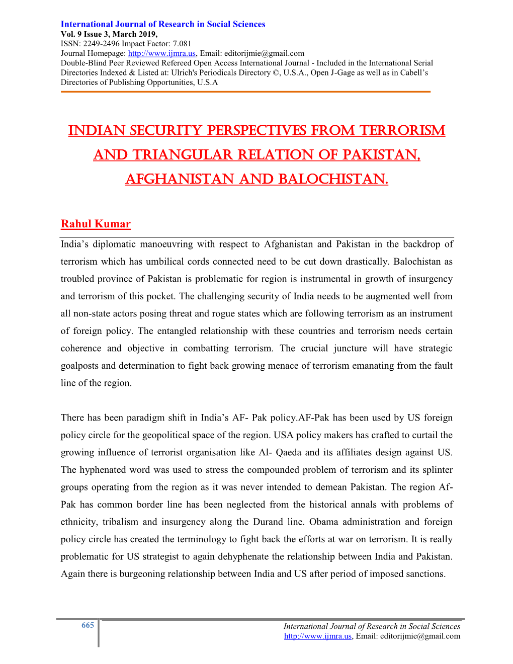 Indian Security Perspectives from Terrorism and Triangular Relation of Pakistan, Afghanistan and Balochistan