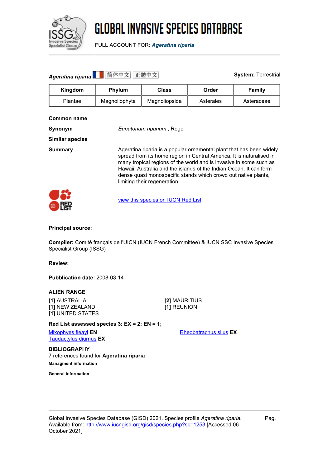 Ageratina Riparia Global Invasive Species Database (GISD)