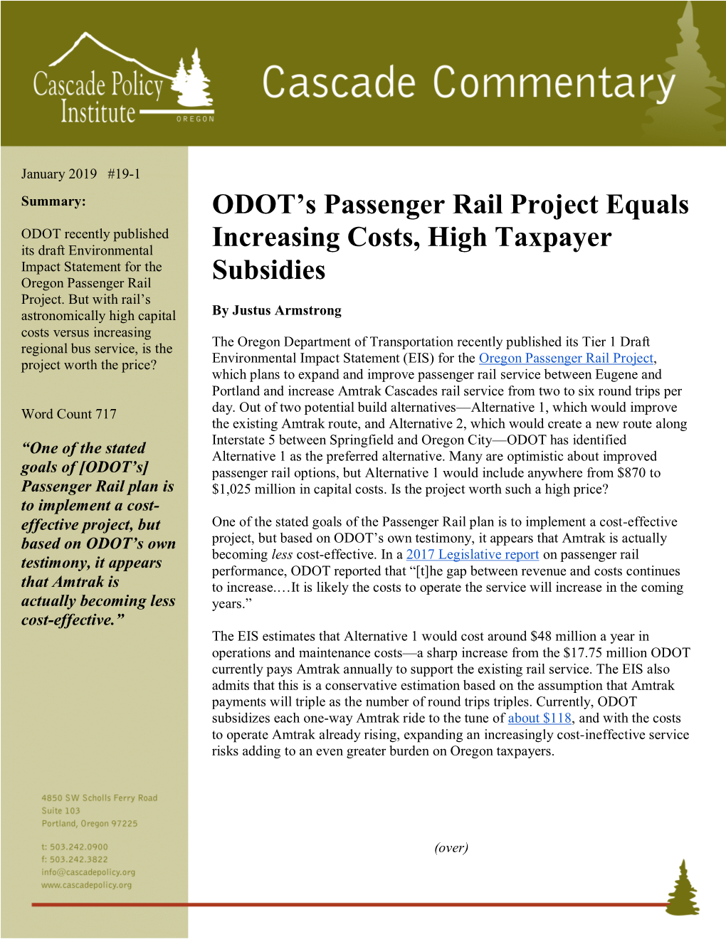 ODOT's Passenger Rail Project Equals Increasing Costs, High