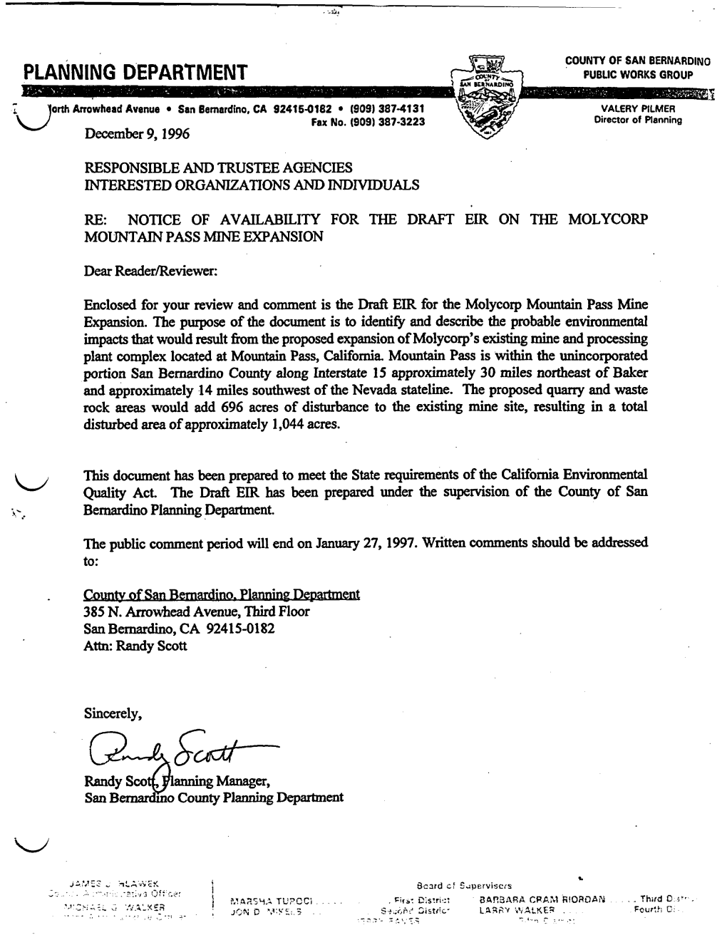 Transmittal of Draft EIR for Molycorp Mountain Pass Mine Expansion, for Review and Comment