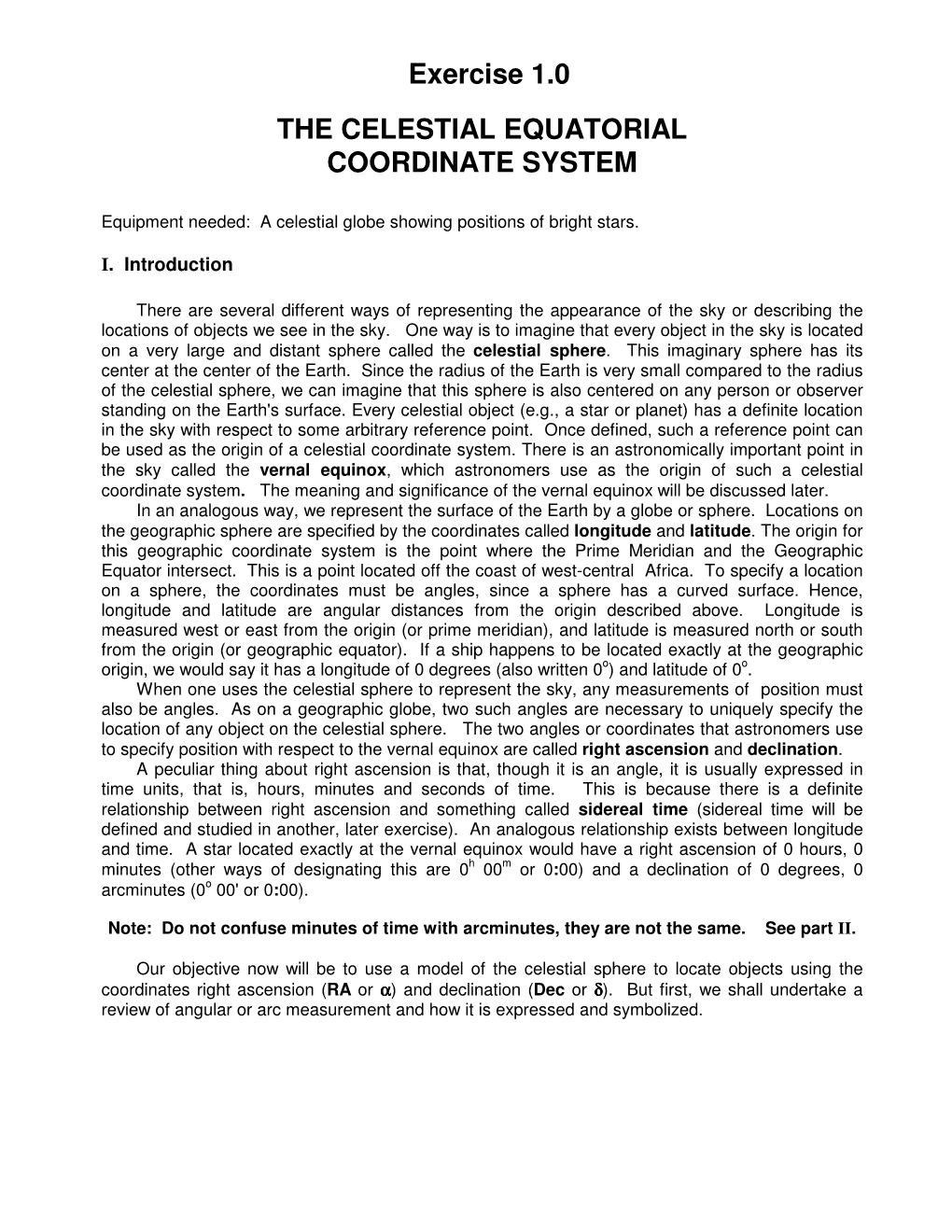 Exercise 1.0 the CELESTIAL EQUATORIAL COORDINATE