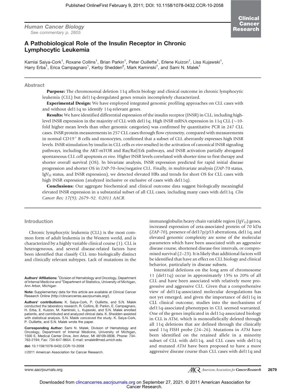 A Pathobiological Role of the Insulin Receptor in Chronic Lymphocytic Leukemia