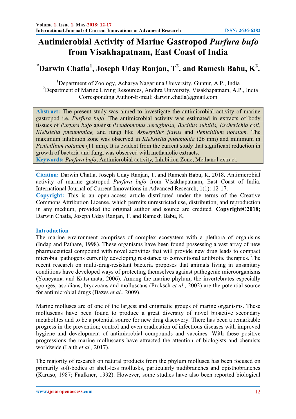 Antimicrobial Activity of Marine Gastropod Purfura Bufo from Visakhapatnam, East Coast of India