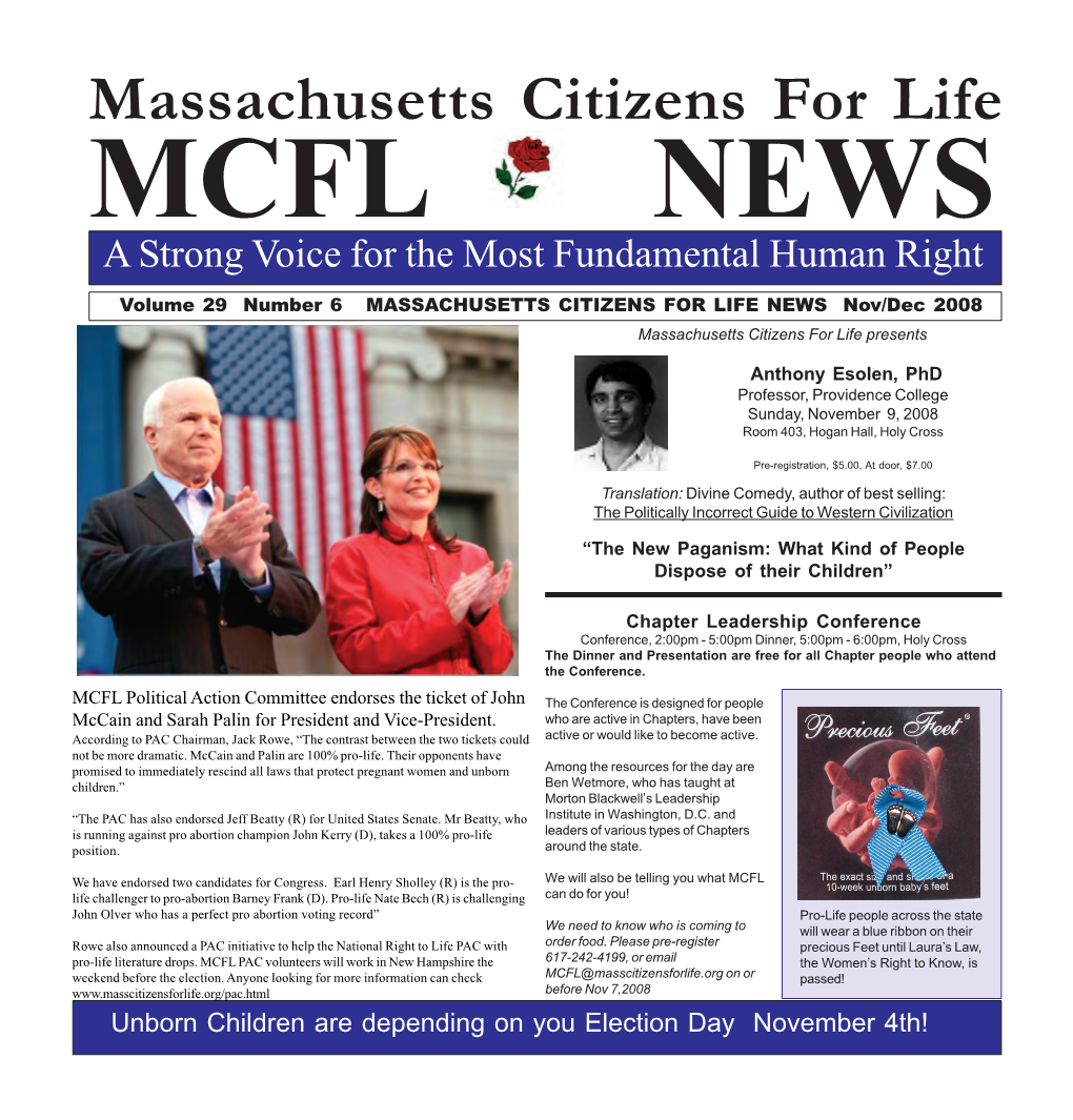 Massachusetts Citizens for Life MCFL NEWS a Strong Voice for the Most Fundamental Human Right