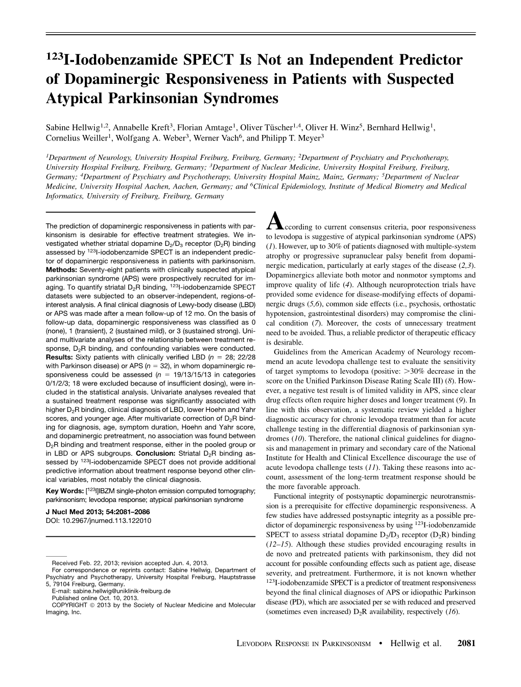 123I-Iodobenzamide SPECT Is Not an Independent Predictor of Dopaminergic Responsiveness in Patients with Suspected Atypical Parkinsonian Syndromes