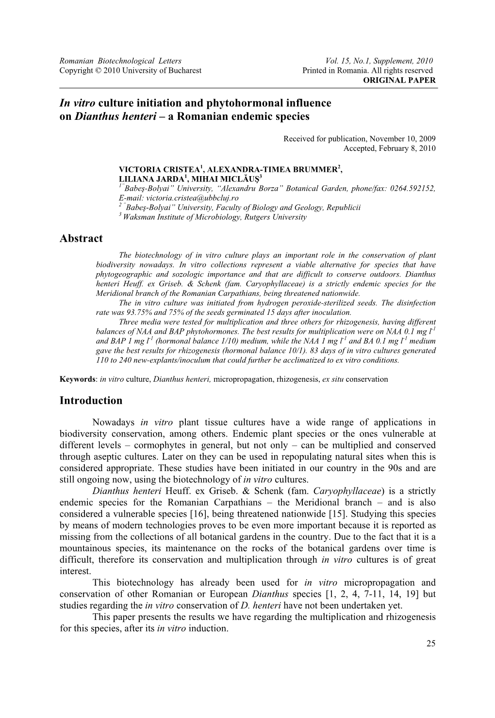 A Romanian Endemic Species Abstract Introductio