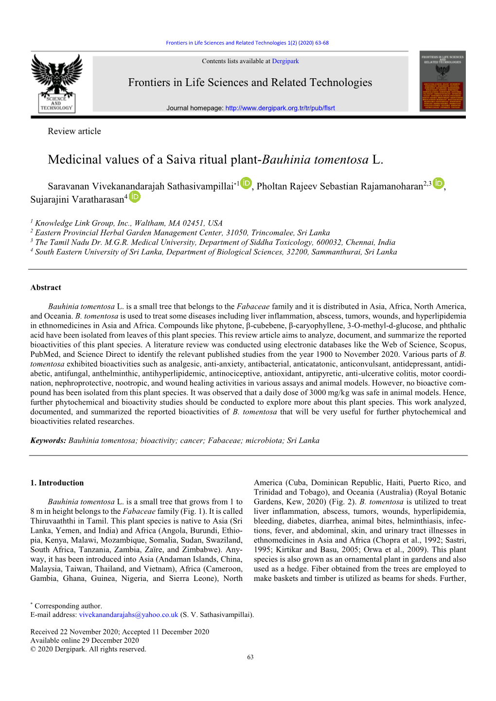 Medicinal Values of a Saiva Ritual Plant-Bauhinia Tomentosa L