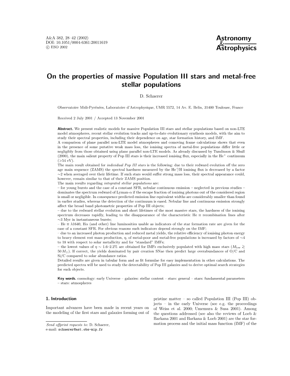 Astronomy & Astrophysics on the Properties of Massive Population III