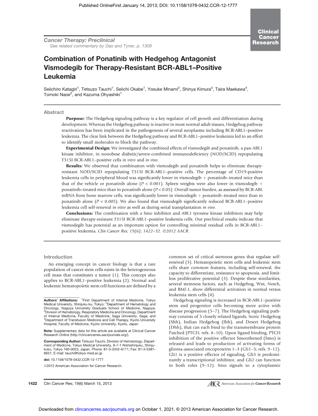 Combination of Ponatinib with Hedgehog Antagonist Vismodegib for Therapy-Resistant BCR-ABL1–Positive Leukemia