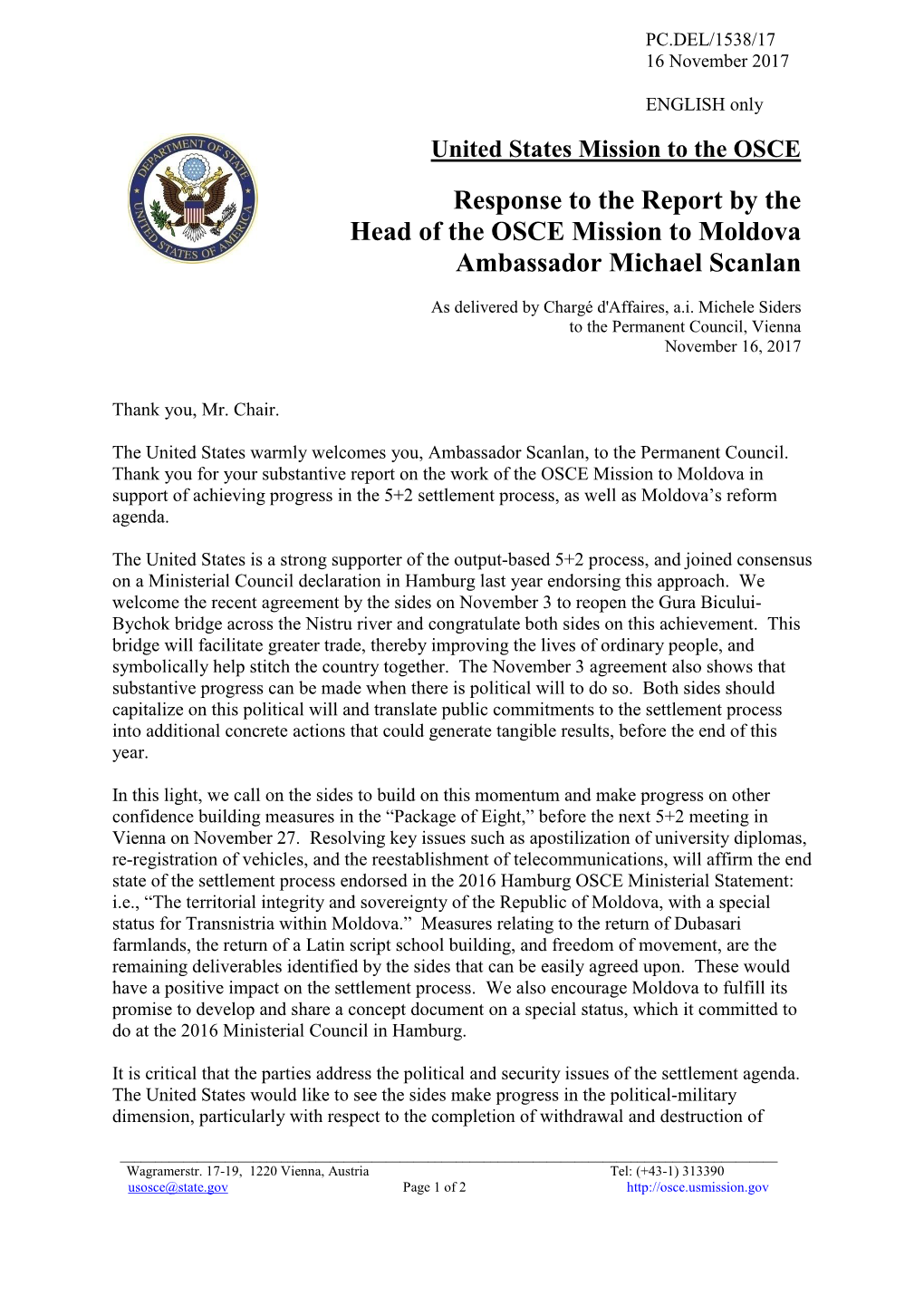 Response to the Report by the Head of the OSCE Mission to Moldova Ambassador Michael Scanlan