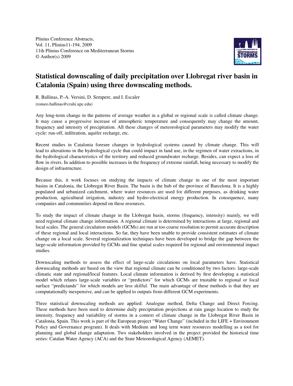 Statistical Downscaling of Daily Precipitation Over Llobregat River Basin in Catalonia (Spain) Using Three Downscaling Methods