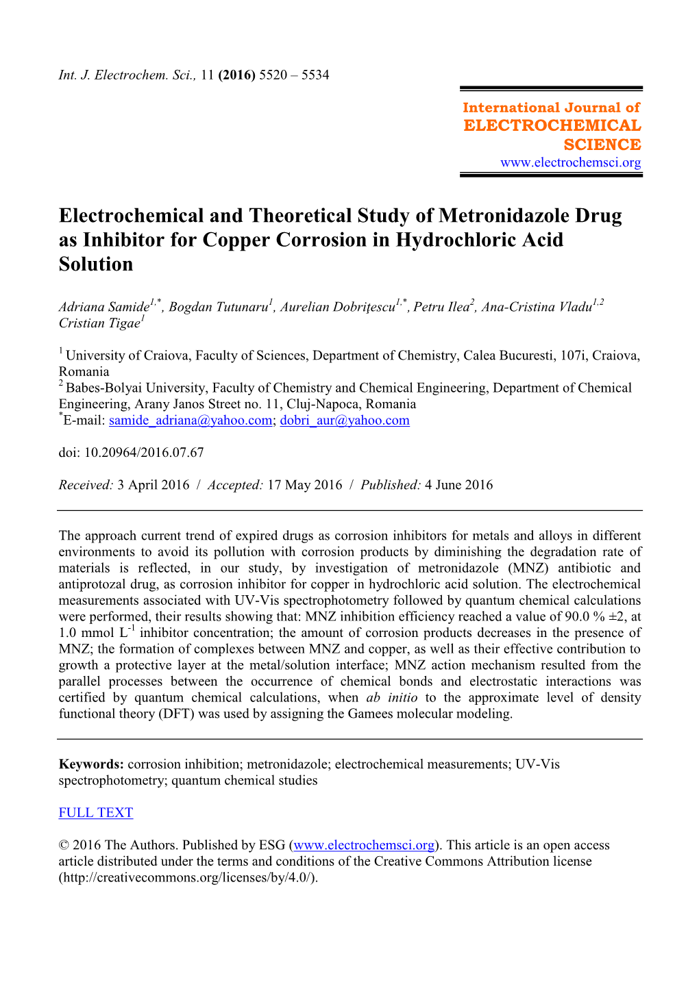 Electrochemical and Theoretical Study of Metronidazole Drug As Inhibitor for Copper Corrosion in Hydrochloric Acid Solution